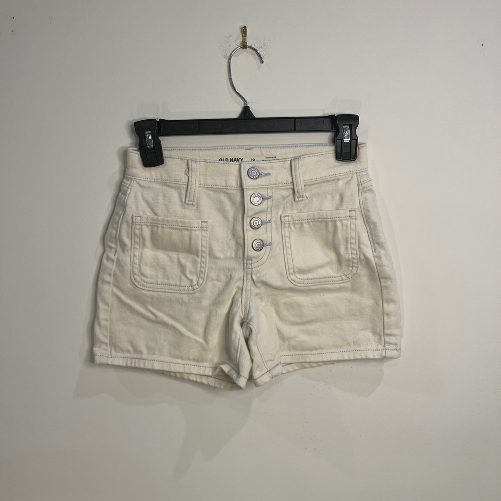 Old Navy Girls Cream High Rise Patch Pocket Denim Shorts Size 10 Button Fly -B22